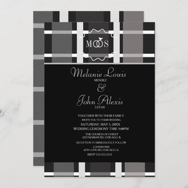 Modern Plaid Grey Black White Ring Logo Wedding Invitation (Front/Back)