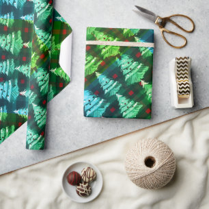 Modern Plaid Holiday neo christmas trees Wrapping Paper