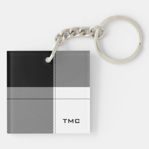 Modern Plaid INITIALS Black White Preppy Chic Key Ring