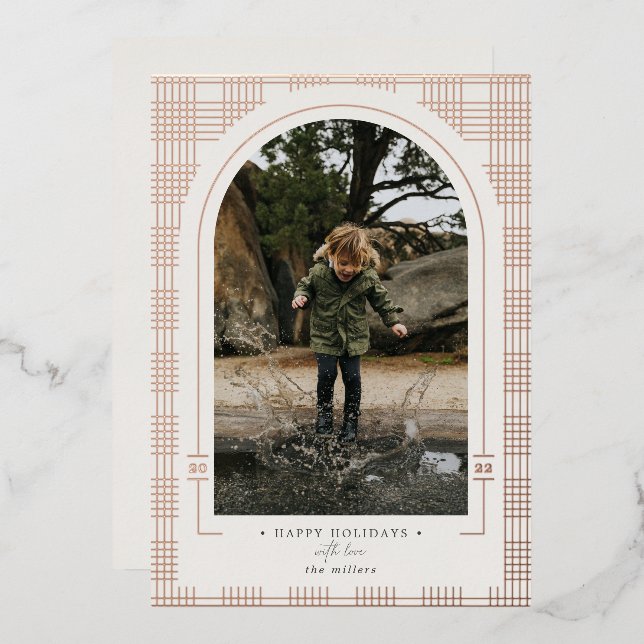 Modern Plaid Ivory Rose Gold Foil Holiday Card (Front/Back)
