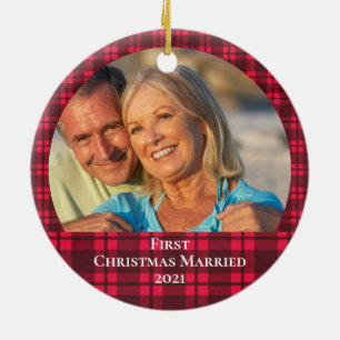 Modern Plaid Keepsake First Christmas Married Ceramic Tree Decoration