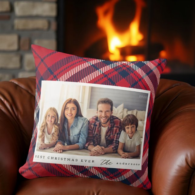 Modern Plaid Merry Christmas Custom Family Photo Cushion (Creator Uploaded)