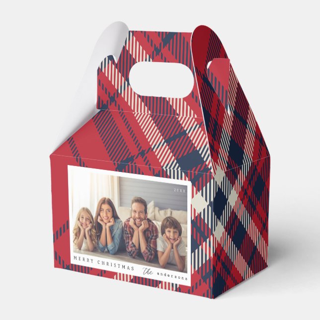 Modern Plaid Merry Christmas Custom Family Photo Favour Box (Back Side)
