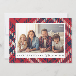 Modern Plaid Merry Christmas Custom Family Photo Holiday Card