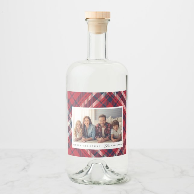 Modern Plaid Merry Christmas Custom Family Photo Liquor Bottle Label (Front)