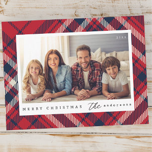 Modern Plaid Merry Christmas Custom Family Photo Postcard
