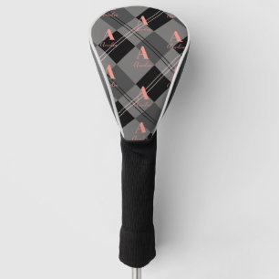 Modern Plaid Monogram Grey Black Pink Golf Head Cover