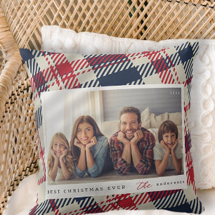 Modern Plaid Pattern Christmas Custom Family Photo Cushion