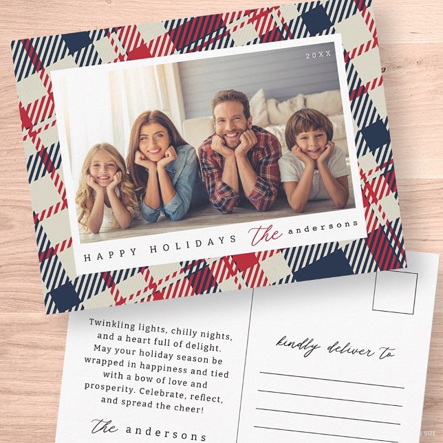 Modern Plaid Pattern Christmas Custom Family Photo Postcard (Creator Uploaded)
