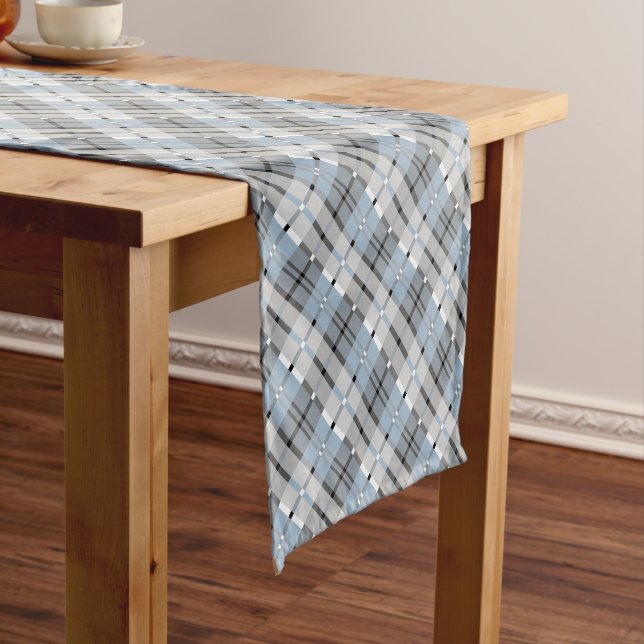 Modern Plaid Pattern Light Blue and Grey Short Table Runner (In Situ)