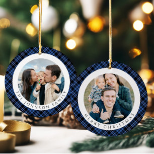 Modern Plaid Photo Christmas Ceramic Tree Decoration