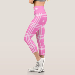Modern Plaid Pink Heart Collection Capri Leggings