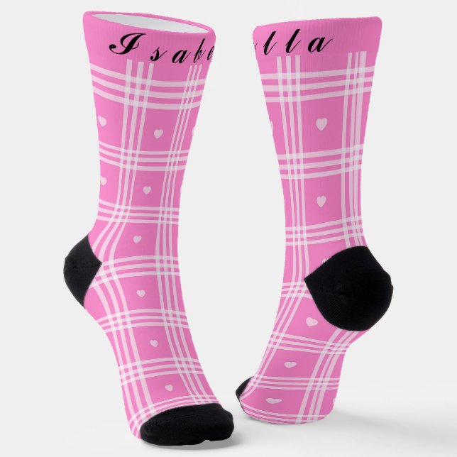 Modern Plaid Pink Heart Collection Socks (Angled)