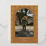 Modern Plaid Rust Terracotta Gold<br><div class="desc">A classic plaid design with a modern twist. Gold foil stamped over a rust terracotta background. Edit year,  greeting,  family name,  favourite picture,  and an extra message on the back to tell your year in review,  but that you can delete.</div>