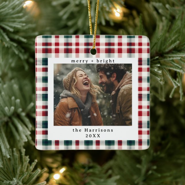 Modern Plaid Rustic Monogram Photo Christmas Ceramic Ornament (Tree)