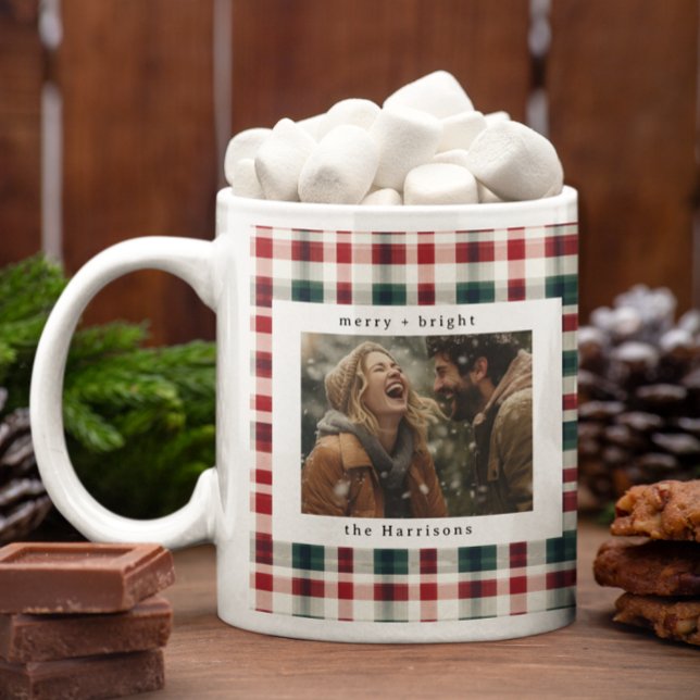 Modern Plaid Rustic Monogram Photo Christmas Coffee Mug (Creator Uploaded)