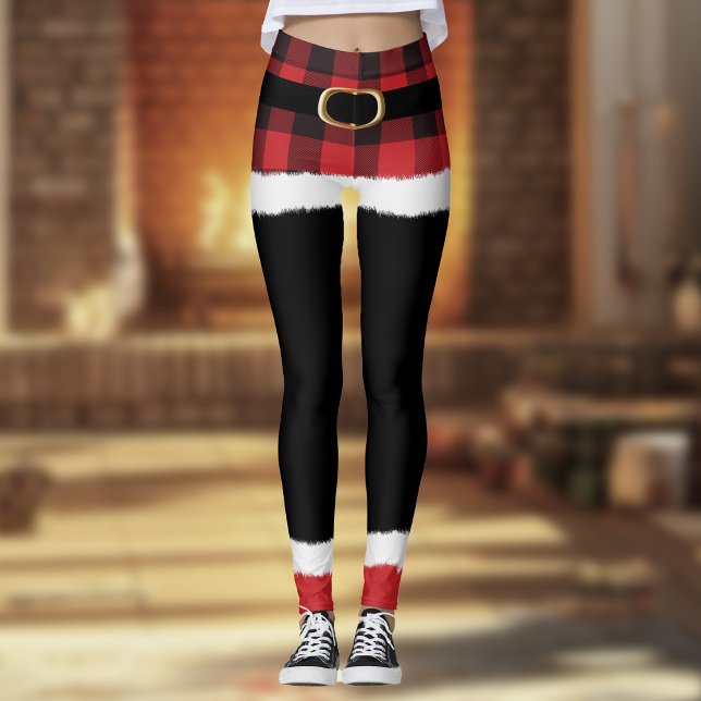 Modern Plaid Santa Costume Cute Funny Christmas  Leggings (Creator Uploaded)
