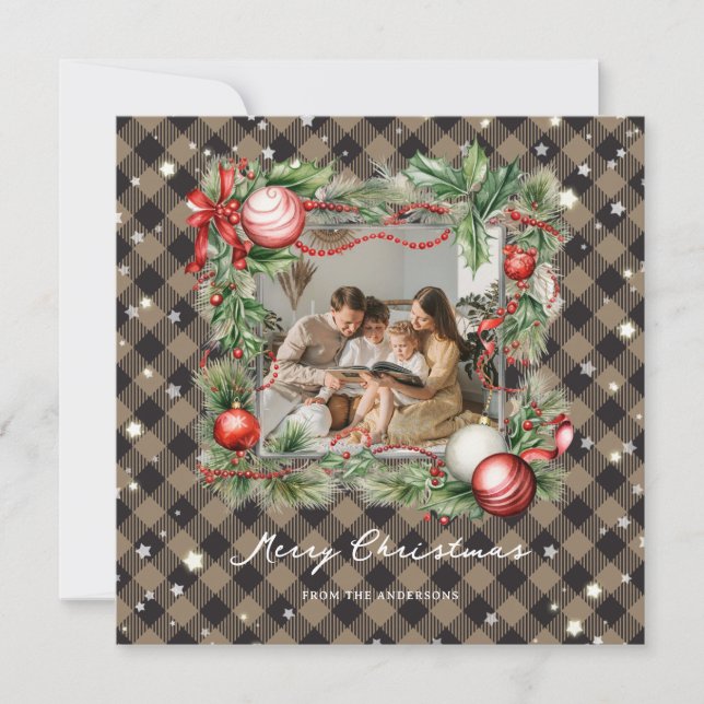 Modern Plaid Starry Photo Merry Christmas Card (Front)