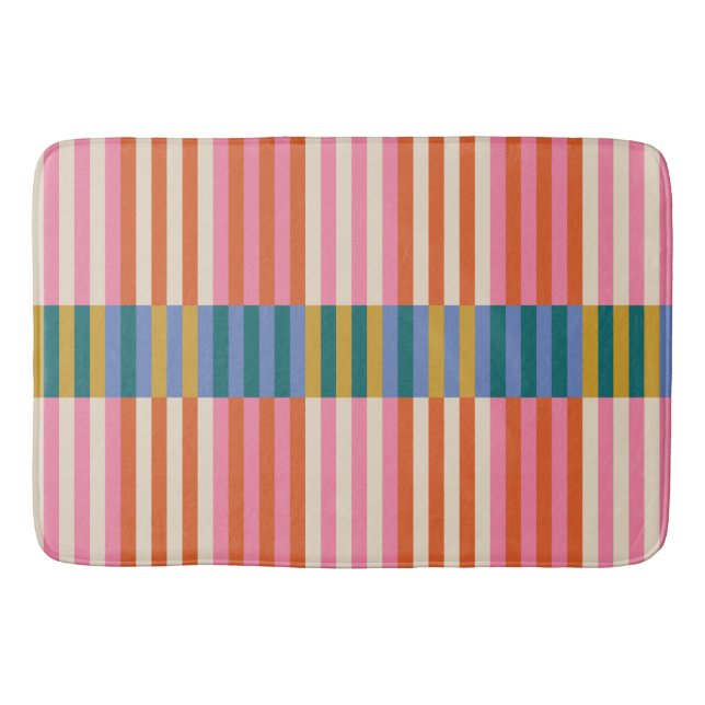 Modern Plaid Striped Orange, Pink, Blue, Green Bath Mat (Front)