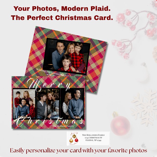 Modern Plaid Tartan 4 Photo Christmas Holiday Card (Creator Uploaded)