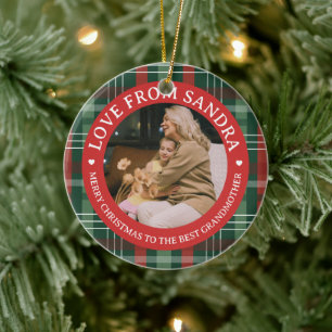 Modern Plaid Wreath Grandmother Photo Christmas Ceramic Tree Decoration