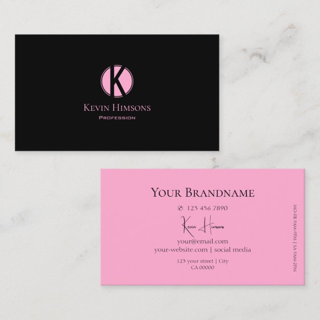 Modern Plain Black and Pink with Monogram Simple Business Card (Front/Back)