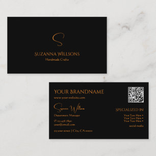 Modern Plain Black Orange with Monogram QR-Code Business Card