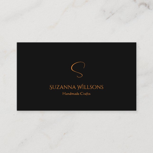 Modern Plain Black Orange with Monogram Stylish Business Card (Front)