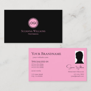 Modern Plain Black Pink with Logo and Photo Chic Business Card