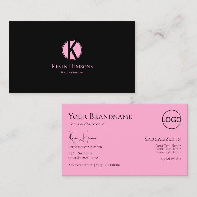 Modern Plain Black Pink with Monogram and Logo Business Card (Front/Back)