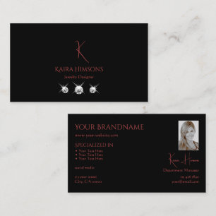 Modern Plain Black with Monogram Photo & Diamonds Business Card