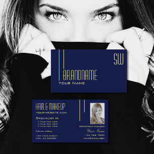Modern Plain Dark Blue with Monogram and Photo Business Card