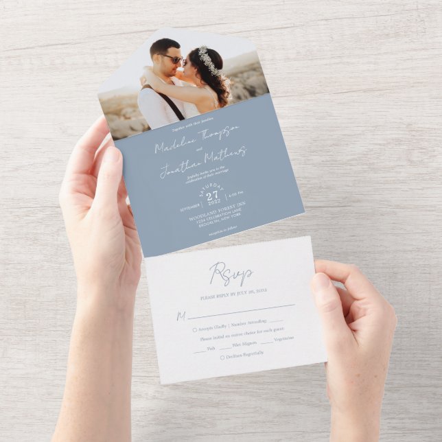 Modern Plain Dusty Blue Photo Rsvp Wedding All In One Invitation (Tearaway)