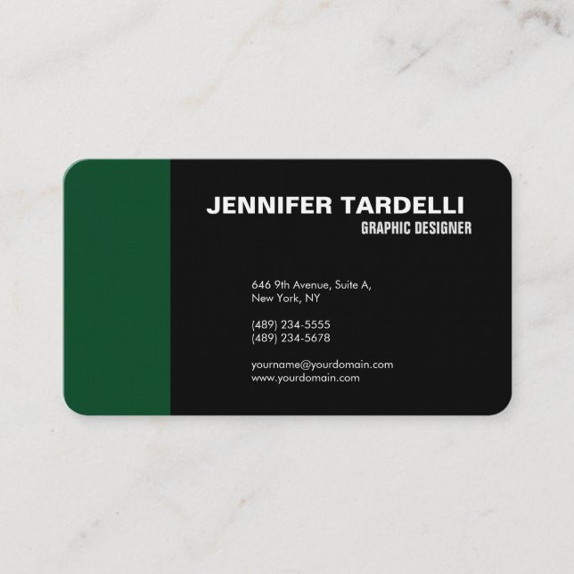 Modern Plain Elegant Minimalist Green Black Business Card (Front)