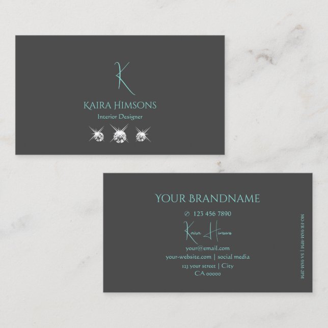 Modern Plain Grey Teal with Monogram and Jewels Business Card (Front/Back)