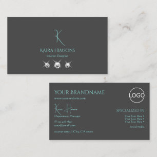 Modern Plain Grey with Monogram Logo and Jewels Business Card