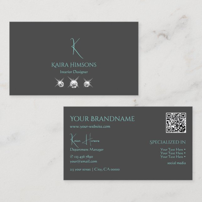 Modern Plain Grey with Monogram QR-Code and Jewels Business Card (Front/Back)