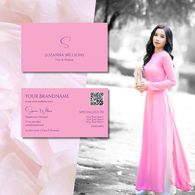 Modern Plain Light Pink with Monogram and QR Code Business Card (Creator Uploaded)