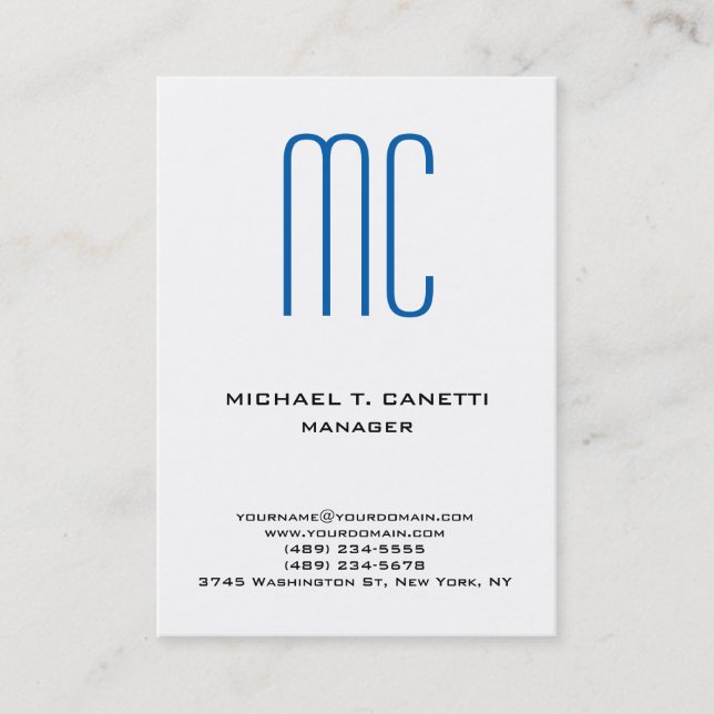 Modern plain minimalist blue white monogram business card (Front)