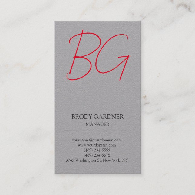 Modern plain minimalist grey red monogram initials business card (Front)