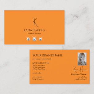 Modern Plain Orange with Monogram Photo and Jewels Business Card