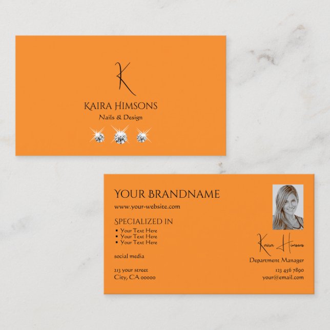 Modern Plain Orange with Monogram Photo and Jewels Business Card (Front/Back)