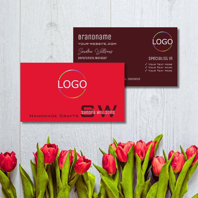 Modern Plain Red Burgundy with Monogram and Logo Business Card (Creator Uploaded)