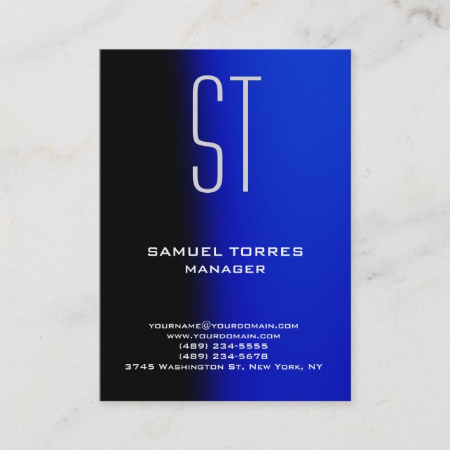 Modern plain simple black blue monogram business card (Front)