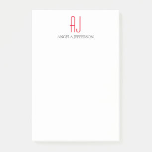 Modern plain simple white red monogram post-it notes