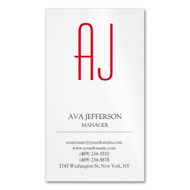 Modern plain vertical simple white red monogram magnetic business card (Front Vertical)