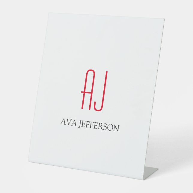Modern plain vertical simple white red monogram pedestal sign (Front)