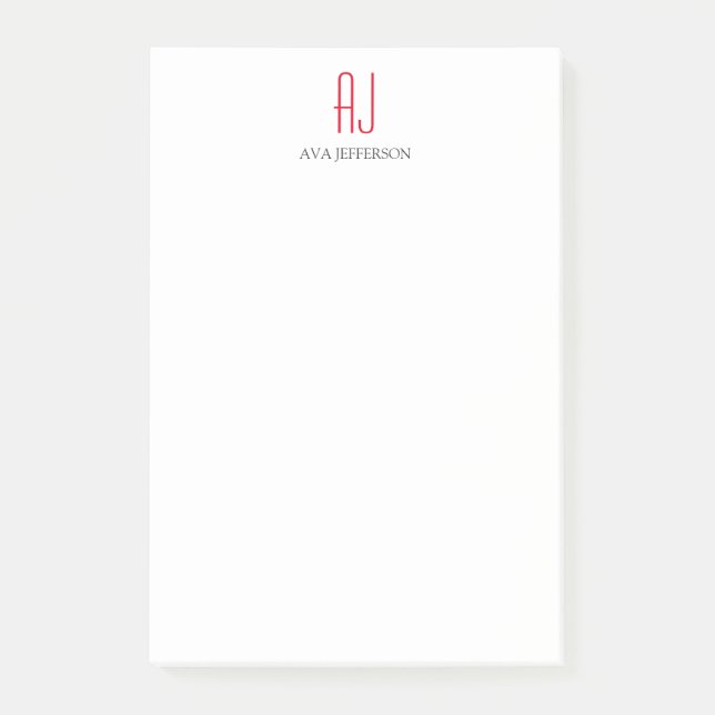 Modern plain vertical simple white red monogram post-it notes (Front)