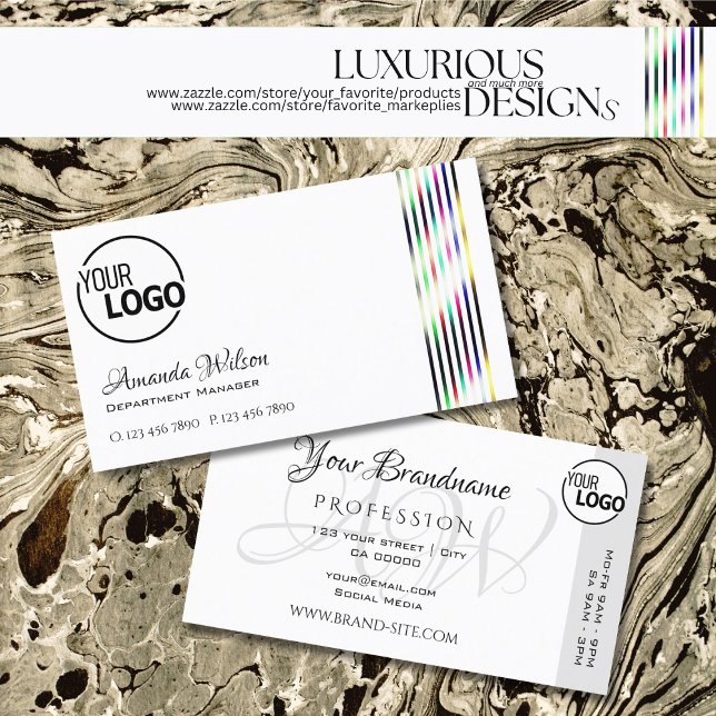Modern Plain White Colourful Decor Stripes add Log Business Card (Creator Uploaded)