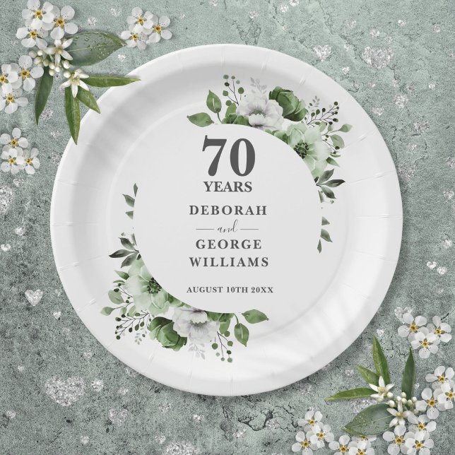 Modern Platinum 70th Wedding Anniversary Greenery  Paper Plate (Modern Platinum 70th Wedding Anniversary Greenery Paper Plates)